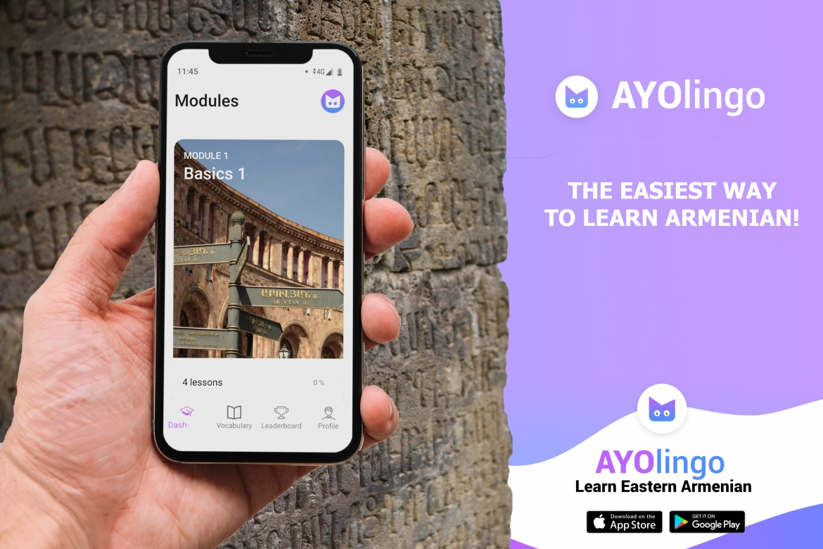 Alternative text (caption) AYOlingo (a play on the popular language-learning app, Duolingo) is a newly-launched free-to-use mobile application to learn Eastern Armenian, developed by Birthright Armenia. (Graphic: Birthright Armenia, 2019)