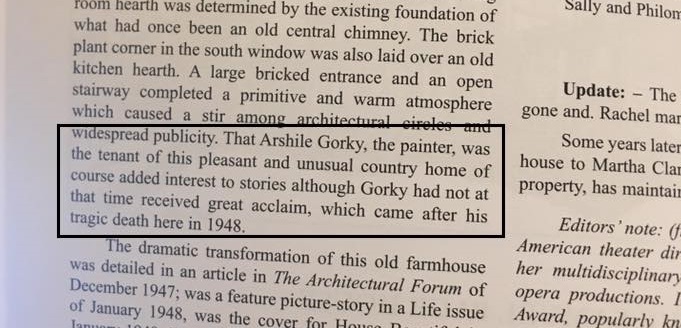 The town of Sherman’s local history book contains a sparse, but informative, entry on Gorky.