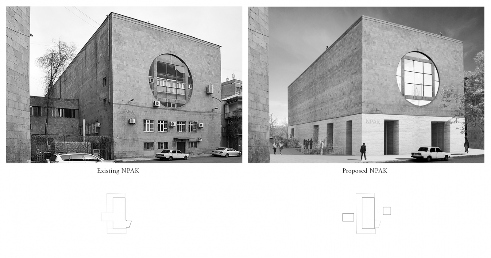 To the left is a view of NPAK as it is today; to the right, the proposal (Courtesy of Garine Boghossian, Garen Boghossian, Elisa Bosi, Gabriele Paravati)