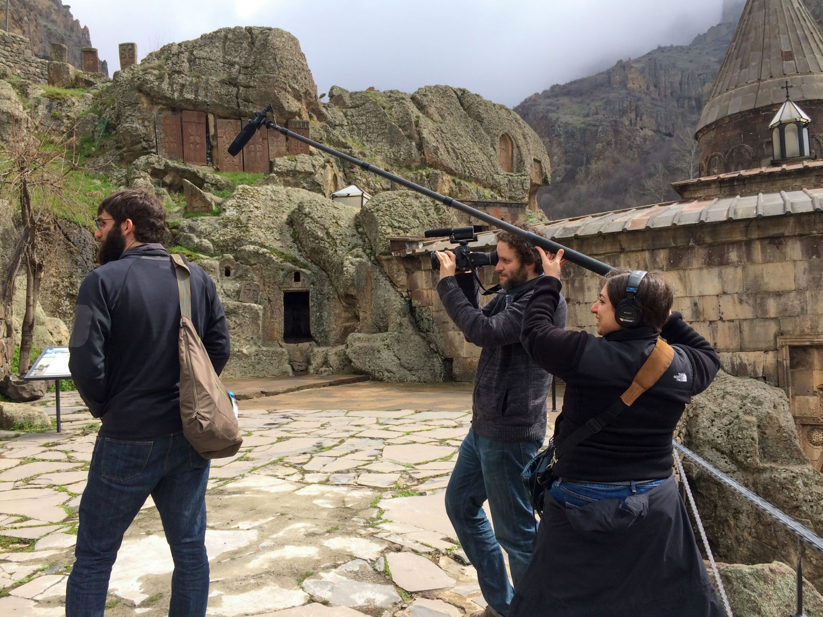 Crew Members Joseph Myers and Stephanie Ayanian film in Armenia with John Sweers. (Photo courtesy of Stephanie Ayanian)