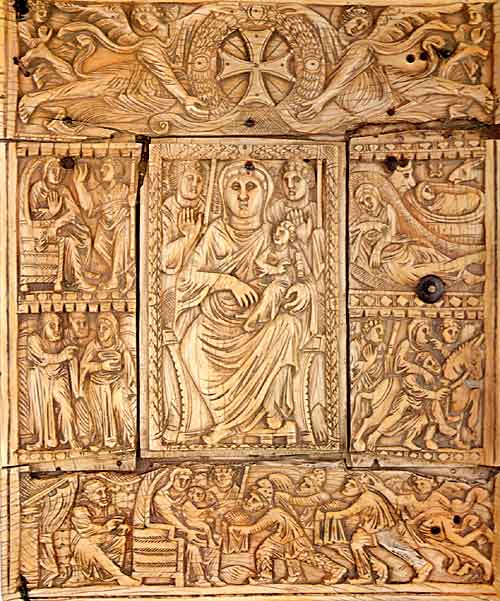 Carved ivory binding, front cover in five sections of Echmiadzin Gospel, Virgin and Child with scenes from her life, 6th century