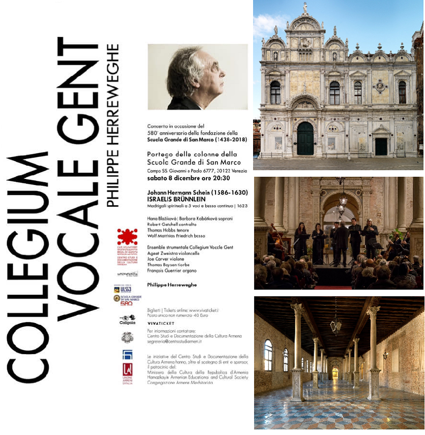 The Center for Studies and Documentation of Armenian Culture has been a major force behind the first concert of the Collegium Vocale Gent in Venice. The ensemble presented a program of Baroque music on the occasion of the 580th anniversary of the establishment of the Scuola Grande di San Marco. For the first time ever, a concert was held in the 15th century entrance hall of the building (Sala delle Colonne) for the best acoustic for Schein's music (Photo courtesy of Minas Lourian)