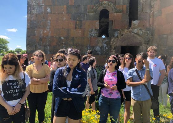 The group gathered outside of the Cathedral of Talin