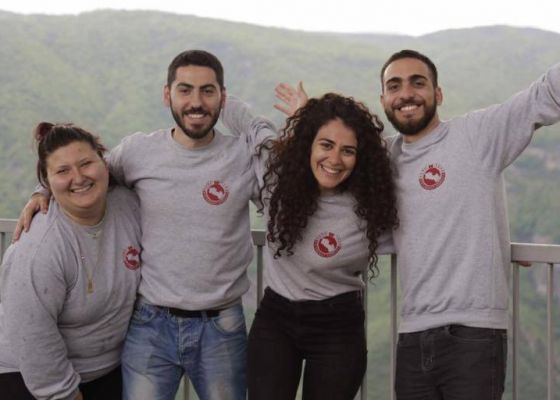 Birthright volunteers Sevan Rezian from Canada, Nareg Sarkissian from Lebanon, Sati Shirinian from Russia, and Caique Gudjenian from Brazil, 2018.